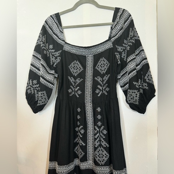 Strut & Bolt Boho Peasant Black Embroidered Linen Blend Midi Dress, Size S - Picture 7 of 16